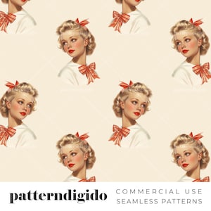 Vintage vrouw rode coquette naadloze patroon, retro lint herhalende patroonbestanden, strik stof sublimatie ontwerp, digitale download, T0186