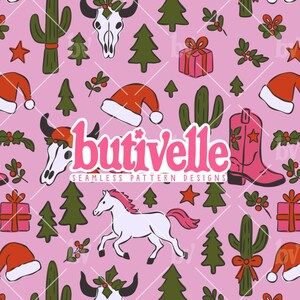 May include: A seamless pattern design featuring a pink background with various illustrations. The design includes Santa hats, Christmas trees, cacti, gift boxes, a pink cowboy boot, a white horse, and a bull skull. The text "butivelle" is in the center.