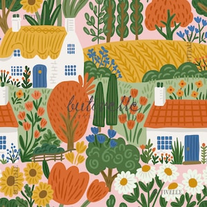 May include: A whimsical illustration featuring a village scene with white cottages, orange rooftops, and thatched roofs. The artwork includes trees, flowers, and fields in shades of orange, green, yellow, and blue against a pink background. The text "BUTIVELLE" is visible.