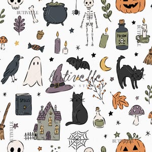 May include: A repeating pattern on a white background featuring hand-drawn illustrations of skulls, a cauldron, a skeleton, pumpkins, a poison bottle, candles, a crow, a ghost, a witch hat, a bat, a black cat, a spell book, a house, and a spider web.