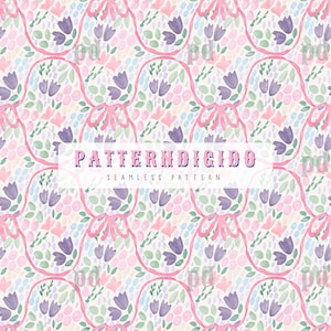 May include: Seamless pattern featuring a repeating floral design with purple and pink flowers, green leaves, and pink bows on a white background. The text "PATTERNDIGIDO SEAMLESS PATTERN" is displayed in the center.