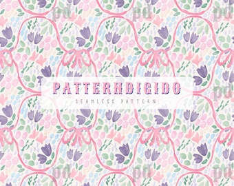 Spring Flowers and Ribbons Trellis Seamless Pattern, Watercolor Floral and Bows, Fabric, Handdrawn, Wallpaper, Digital Download, T0818