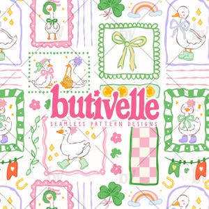May include: Seamless pattern design featuring cartoon ducks in various poses, wearing hats and bows, set within decorative frames. The design includes rainbows, shamrocks, and the text "butivelle seamless pattern designs" in pink, on a white background.