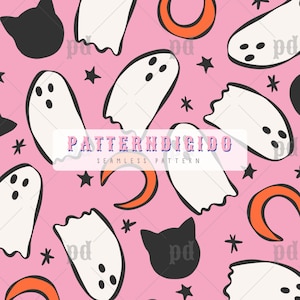 Puede incluir: Patr&oacute;n sin costuras con fantasmas blancos, siluetas de gatos negros, medias lunas naranjas y estrellas negras sobre fondo rosa. El texto "PATTERNDIGIDO SEAMLESS PATTERN" est&aacute; presente. Ideal para proyectos tem&aacute;ticos de Halloween.