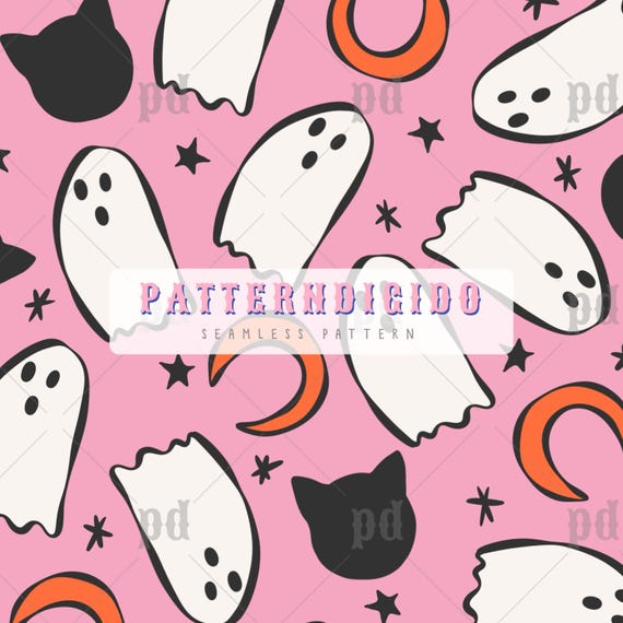 Pink Ghosts and Cats Halloween Seamless Pattern, Fall, Autumn, Spooky Season, Fabric, Handdrawn, No AI, Wallpaper, Digital Download, T0782