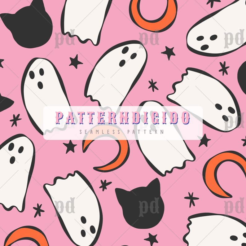 Puede incluir: Patr&oacute;n sin costuras con fantasmas blancos, siluetas de gatos negros, medias lunas naranjas y estrellas negras sobre fondo rosa. El texto "PATTERNDIGIDO SEAMLESS PATTERN" est&aacute; presente. Ideal para proyectos tem&aacute;ticos de Halloween.