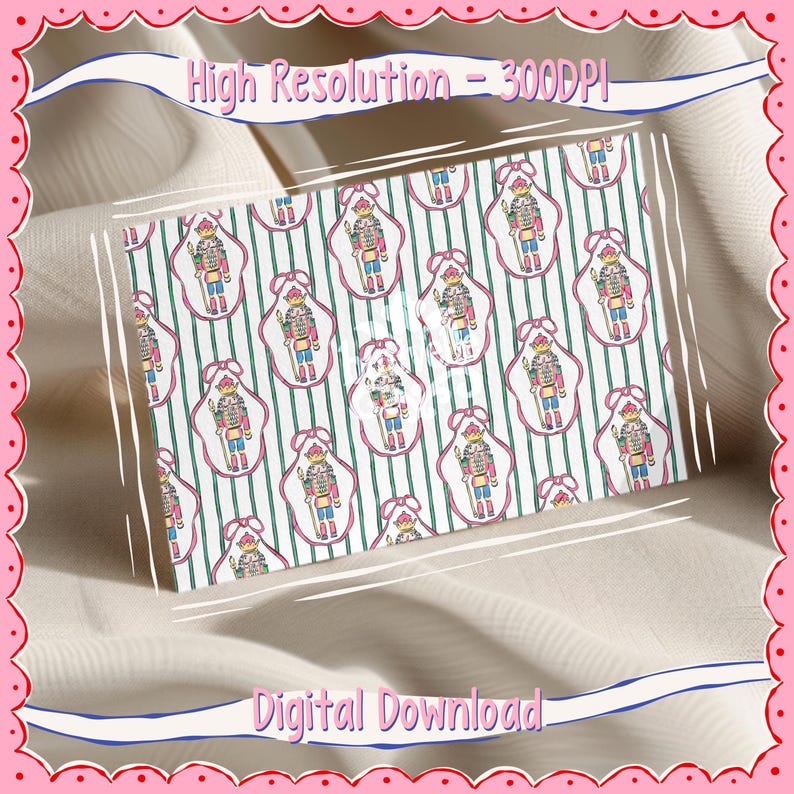 May include: A rectangular digital download featuring a repeating pattern of toy soldiers in pink, blue, yellow, and red. The design is set against a white background with green vertical stripes. The text "High Resolution - 300DPI" and "Digital Download" are visible.
