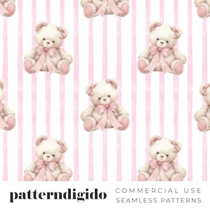 Kokette Teddybär Nahtloses Muster, rosa Teddybär-Druck, sich wiederholendes Muster, Stoff-Sublimationsdesign-Druckdatei, digitaler Download, T0370