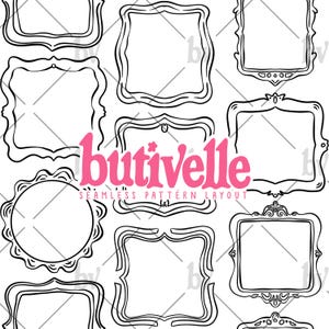 Puede incluir: Diseño de patrón sin costuras en blanco y negro con varios diseños de marcos ornamentados. La palabra "butivelle" aparece en rosa, junto con el texto "seamless pattern layout". Los marcos varían en forma y estilo, con opciones cuadradas y circulares.