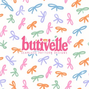 May include: A seamless pattern design featuring hand-drawn bows in various pastel colors, including pink, orange, blue, and green, scattered across a white background. The text "butivelle SEAMLESS PATTERN DESIGNS" is in the center. This design is suitable for fabric or wallpaper.