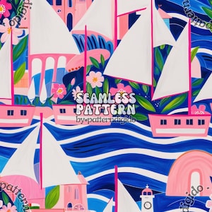 nautisches Musterdesign | tropisches Boot Design | Meereswellen Kunst | rosa und blaues Sommerthema | digitaler Download | T0544