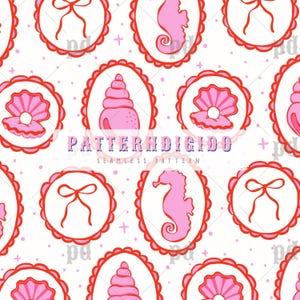 May include: Seamless pattern featuring pink seashell, seahorse, and bow illustrations within red scalloped frames on a white background. The pattern includes the text "PATTERNDIGIDO" and "SEAMLESS PATTERN".