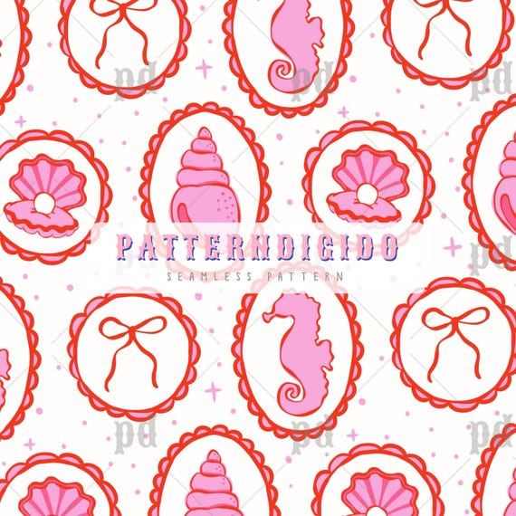Preppy Summer Seamless Pattern File, Seashell, Bow, Oyster, Coquette, Seahorse, No AI, Digital Download, Commercial Use, T0810, Trending Now