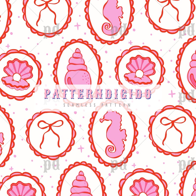 May include: Seamless pattern featuring pink seashell, seahorse, and bow illustrations within red scalloped frames on a white background. The pattern includes the text "PATTERNDIGIDO" and "SEAMLESS PATTERN".