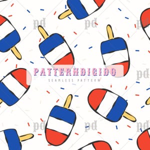 May include: Seamless pattern featuring red, white, and blue popsicle illustrations with wooden sticks, scattered on a white background. The text "PATTERNDIGIDO SEAMLESS PATTERN" is also present.