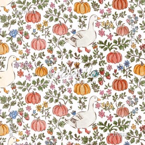 May include: A repeating pattern on a white background featuring watercolor illustrations of white geese with orange beaks and feet, interspersed with orange pumpkins, green leafy vines, and small pink, yellow, and blue wildflowers.