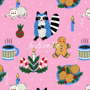 Seamless Christmas Raccoon Pattern Digital Download – Gingerbread Man Candy Cane Design, Holiday Cookie, Whimsical Fabric Kids Crafts, T1038