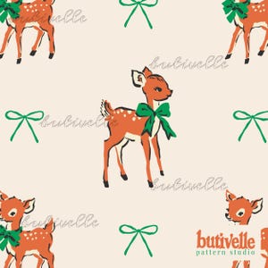 May include: A repeating pattern featuring cartoon deer with green bows and white spots on a cream background. The deer are orange with black hooves and ears. Green bows and deer are scattered across the surface.