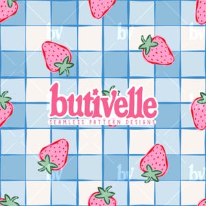 May include: A seamless pattern design with pink strawberries and green stems on a blue and white chequered background. The pink text reads "butivelle", with "SEAMLESS PATTERN DESIGNS" underneath.