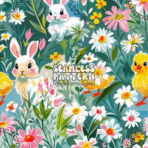 May include: A seamless pattern featuring white bunnies, yellow chicks, and colorful flowers on a teal background. The text "SEAMLESS PATTERN by patterndigido" is in the center of the image.