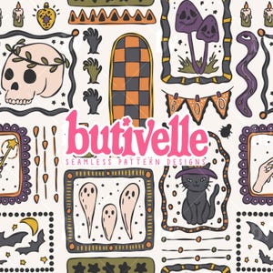 May include: Seamless pattern design with Halloween illustrations. The design includes a skull, ghosts, a black cat, mushrooms, and a banner that says "BOO". The text "butivelle seamless pattern designs" is also included.