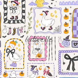 Puede incluir: Un patrón repetitivo que presenta gansos blancos con varios disfraces de Halloween, incluyendo sombreros de bruja y lazos, junto a calabazas naranjas, fantasmas, un caracol con sombrero de bruja y lazos negros en marcos.