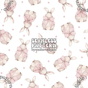 Könnte beinhalten: Ein nahtloses Muster mit Aquarell-Illustrationen von Hasen mit rosa Schleifen. Der Hintergrund ist weiß mit kleinen rosa Punkten. Der Text "SEAMLESS PATTERN by-patterndigido" befindet sich in der Mitte des Bildes.