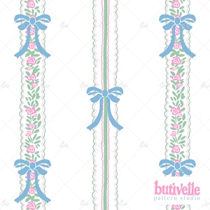 May include: A repeating pattern featuring vertical stripes with floral and bow motifs. The design includes light blue bows, pink roses, and green leaves on a white background. The text "butivelle pattern studio" is in the lower right corner.