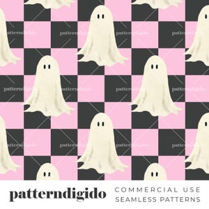 Cute Halloween Ghost with Pink & Pale Black Checkered Seamless Pattern Paper, Digital Download, T0416