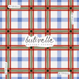 May include: A repeating plaid pattern featuring intersecting red, sage green, and light blue lines on a white background. The design includes the text BUTIVELLE and the logo butivelle PATTERN STUDIO overlaid in the centre and corners.