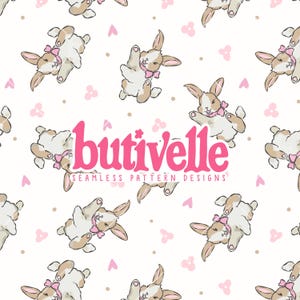 May include: Seamless pattern design featuring playful cartoon bunnies in shades of brown, white, and pink. Each bunny wears a pink bow and is set against a white background with pink floral and brown dot accents. The text "butivelle" is displayed in pink.