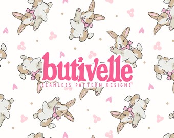 Cute Bunny Seamless Pattern – Pink Bow Rabbit Repeat Design, Easter, Kids Fabric, Nursery Decor & Crafts, Digital Download, T0944, Trending