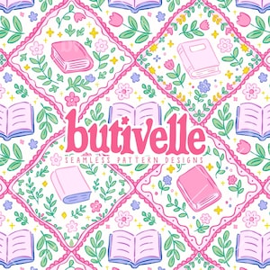 May include: Seamless pattern design featuring pink books, flowers, and foliage on a white background. The design includes the text "butivelle" and "SEAMLESS PATTERN DESIGNS". The pattern is a repeating design with a whimsical, illustrated style.
