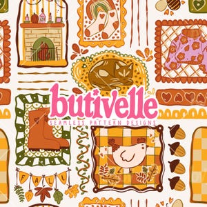 May include: A seamless pattern design with autumnal illustrations. The design includes a fireplace, socks, a cat, a sweater, boots, a chicken, acorns, and the word "FALL" on a banner. The text "butivelle seamless pattern designs" is also present.