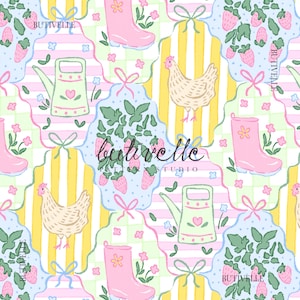 May include: A repeating pattern featuring a whimsical design with pink wellington boots, watering cans, chickens, and strawberries. The design includes pastel colors, bows, and the text "BUTIVELLE STUDIO". The background has stripes and gingham.