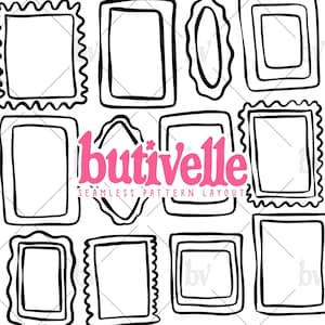 May include: A seamless pattern layout featuring various black outlined frames in different shapes, including rectangles and ovals, against a white background. The word "butivelle" in pink script is centered, with "SEAMLESS PATTERN LAYOUT" below it.