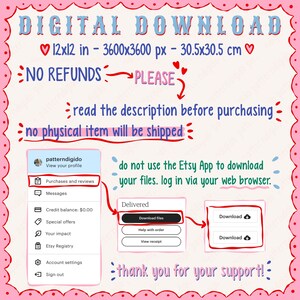 Puede incluir: Gr&aacute;fico rosa para descarga digital, con el texto "DIGITAL DOWNLOAD" y dimensiones "30,5x30,5 cm". Proporciona instrucciones para descargar archivos y un aviso de "NO HAY REEMBOLSOS". La imagen est&aacute; dise&ntilde;ada para usuarios de Etsy.