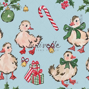 May include: A seamless pattern on a light blue background featuring watercolour illustrations of fluffy ducklings, some wearing green bows, interspersed with red and white candy canes, green ornaments, gold bells, holly sprigs, and wrapped gift boxes.