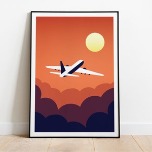 Travel Wall Art, Plane Flying Illustration Artwork, Digital Art, Printable Wall Art, Minimal Sky Sunset Poster Decor