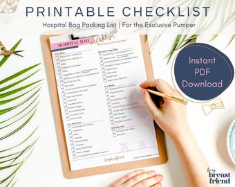 Hospital Bag Checklist - For the Exclusive Pumper | Pregnancy & delivery packing list template, exclusive pumping, editable, Acrobat