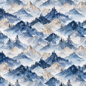 May include: A repeating pattern of watercolor mountains in shades of deep blue, slate, and soft beige. The design features jagged peaks, misty valleys, and small evergreen trees scattered across the slopes, creating a layered landscape effect.