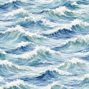 Könnte beinhalten: Ein Aquarellgemälde, das eine turbulente Meeresoberfläche mit rollenden Wellen in verschiedenen Schattierungen von tiefem Marineblau, Coelinblau und hellem Türkisblau darstellt, mit weißen Schaumkronen und Lichtreflexen.