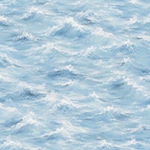 May include: A repeating pattern featuring a textured, painterly depiction of ocean waves in various shades of light blue, medium blue, and white. The design captures the movement of choppy water with visible brushstrokes and foam crests.
