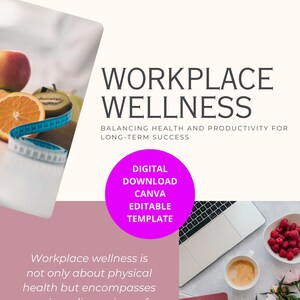 Puede incluir: Una plantilla Canva descargable digital en rosa y blanco para el bienestar en el lugar de trabajo. La plantilla presenta una cita sobre el bienestar en el lugar de trabajo, una computadora portátil, una taza de café, un cuaderno y fruta. El texto en la plantilla dice "Bienestar en el lugar de trabajo: Equilibrar la salud y la productividad para el éxito a largo plazo. Descarga digital Canva Plantilla editable."