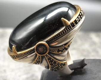 Sterling Silver Men&#39;s Ring: Large Black Onyx Stone, Asu Design