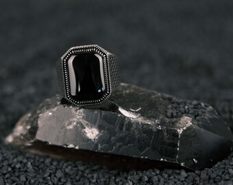 Bague en argent sterling avec pierre d'onyx noire pour homme, accessoire fait main unique