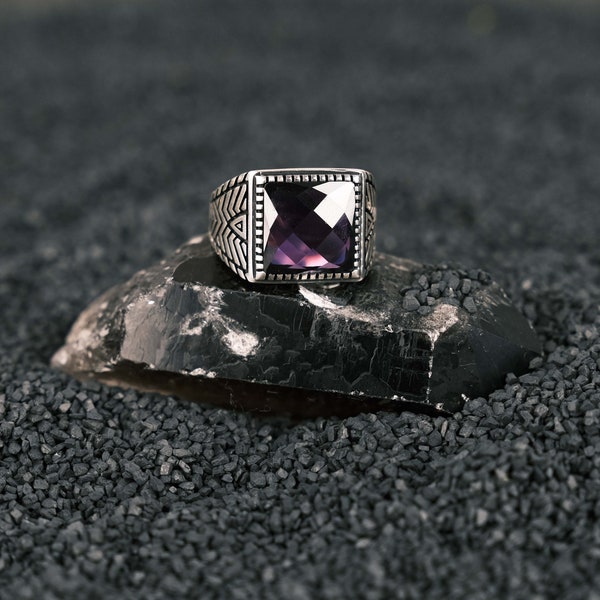 925 Sterling Purple Zircon Men's Ring, Handmade Silver Ring, Oxidized Silver Ring, Personalized Silver Jewelry