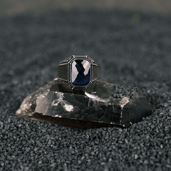 925 Sterling Blue Zircon Men's Ring, Handmade Silver Ring, Oxidized Silver Ring, Personalized Silver Jewelry