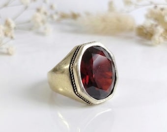 Large Red Garnet Stone Silver Ring for Men, 925 Sterling Silver Statement Ring, Handmade Vintage Signet Ring, Unique Anniversary Gift