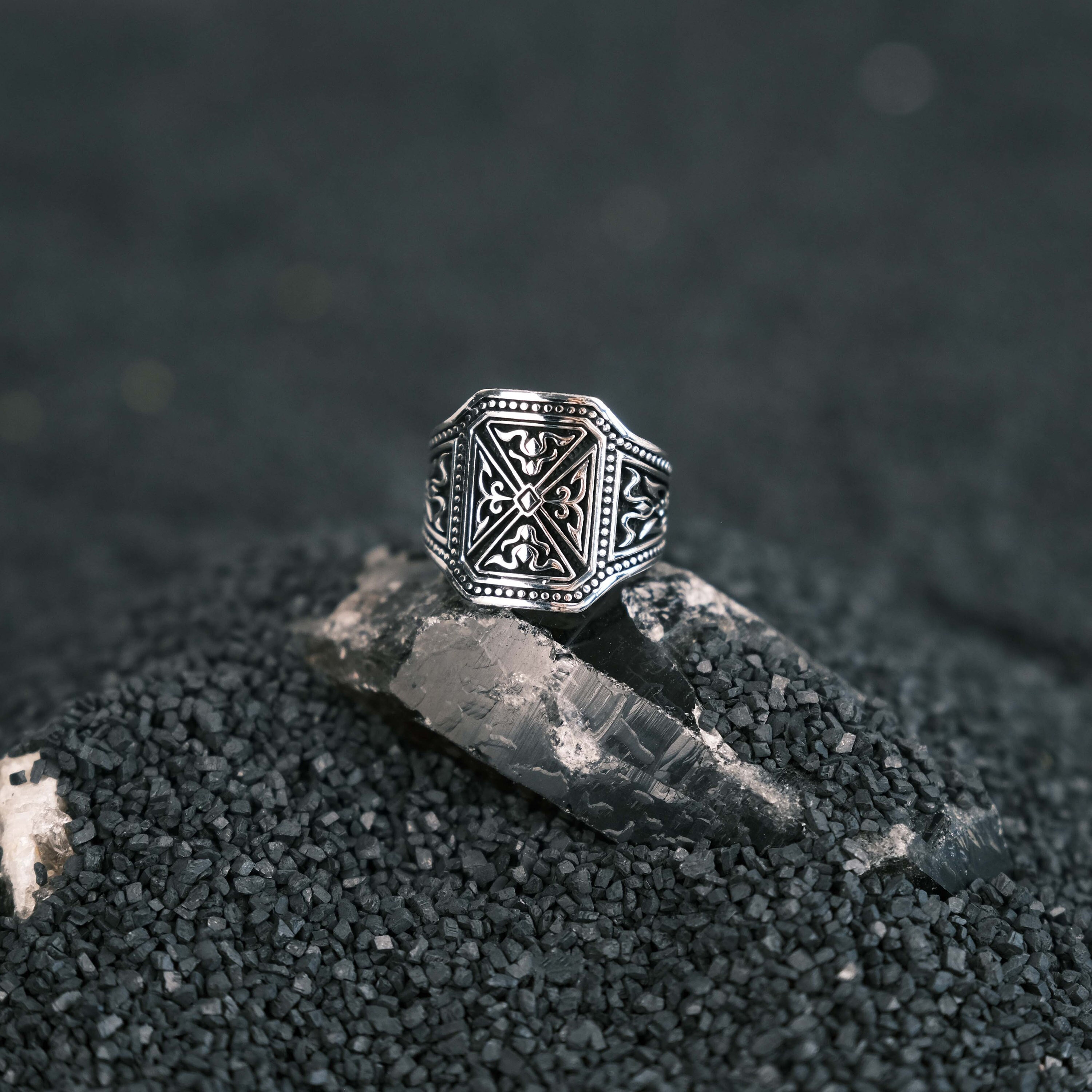 Sterling Silver Signet Ring for Men, Vintage Engraved Square Ring